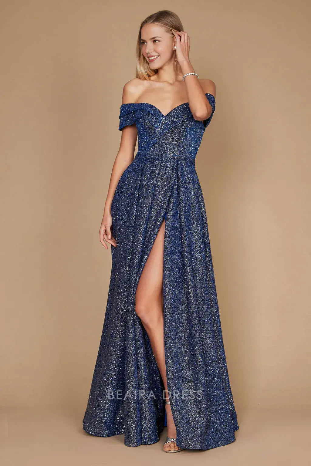 Simple Off Shoulder Glitter Formal Maxi Dress with Side Slit prom dress