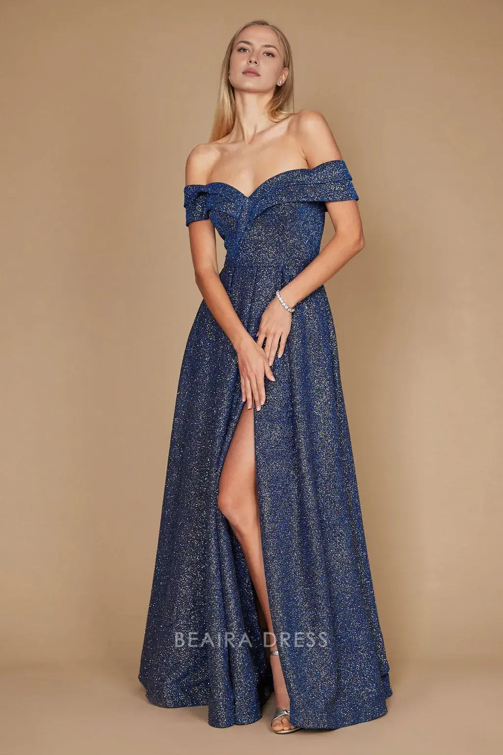 Simple Off Shoulder Glitter Formal Maxi Dress with Side Slit prom dress