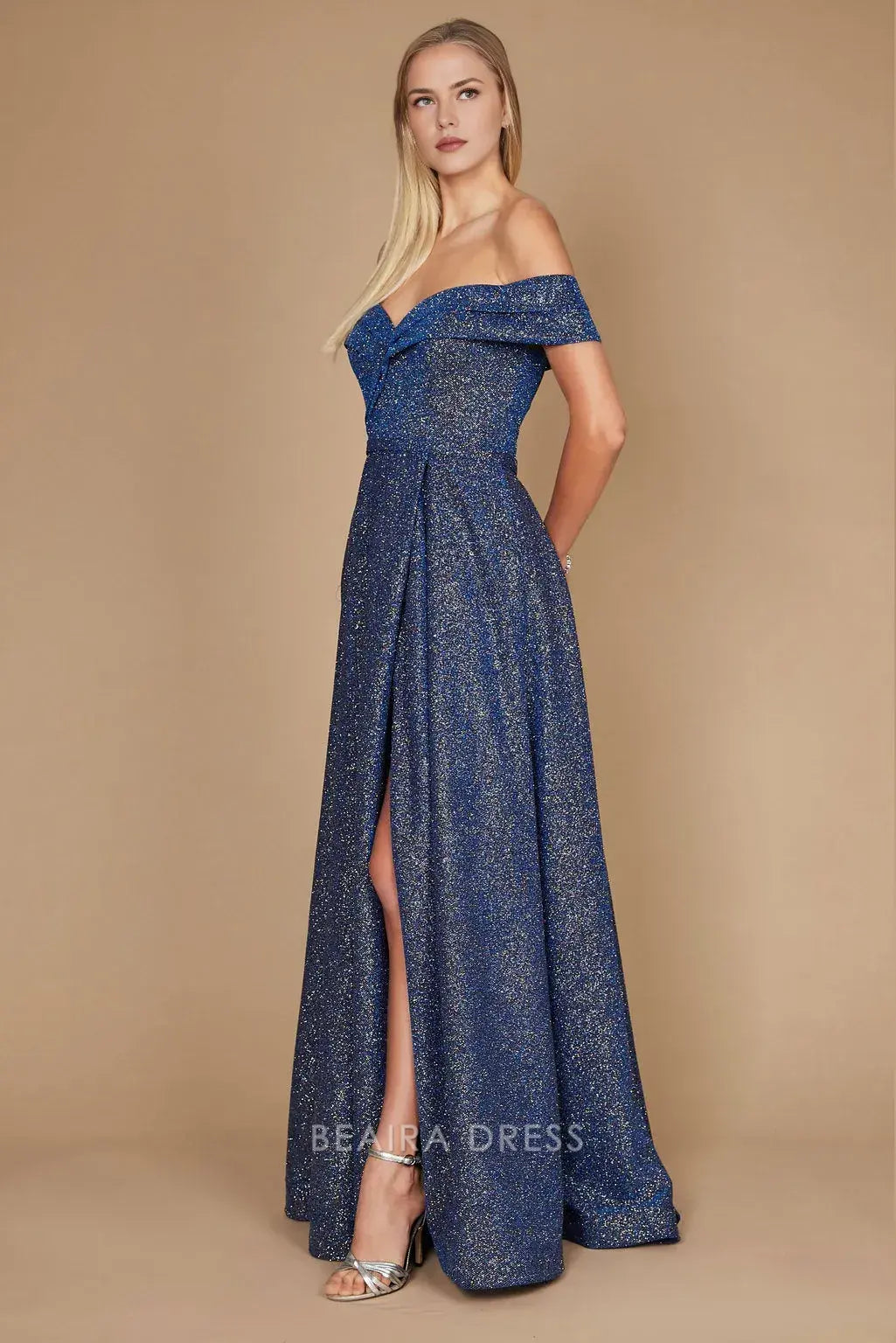 Simple Off Shoulder Glitter Formal Maxi Dress with Side Slit prom dress