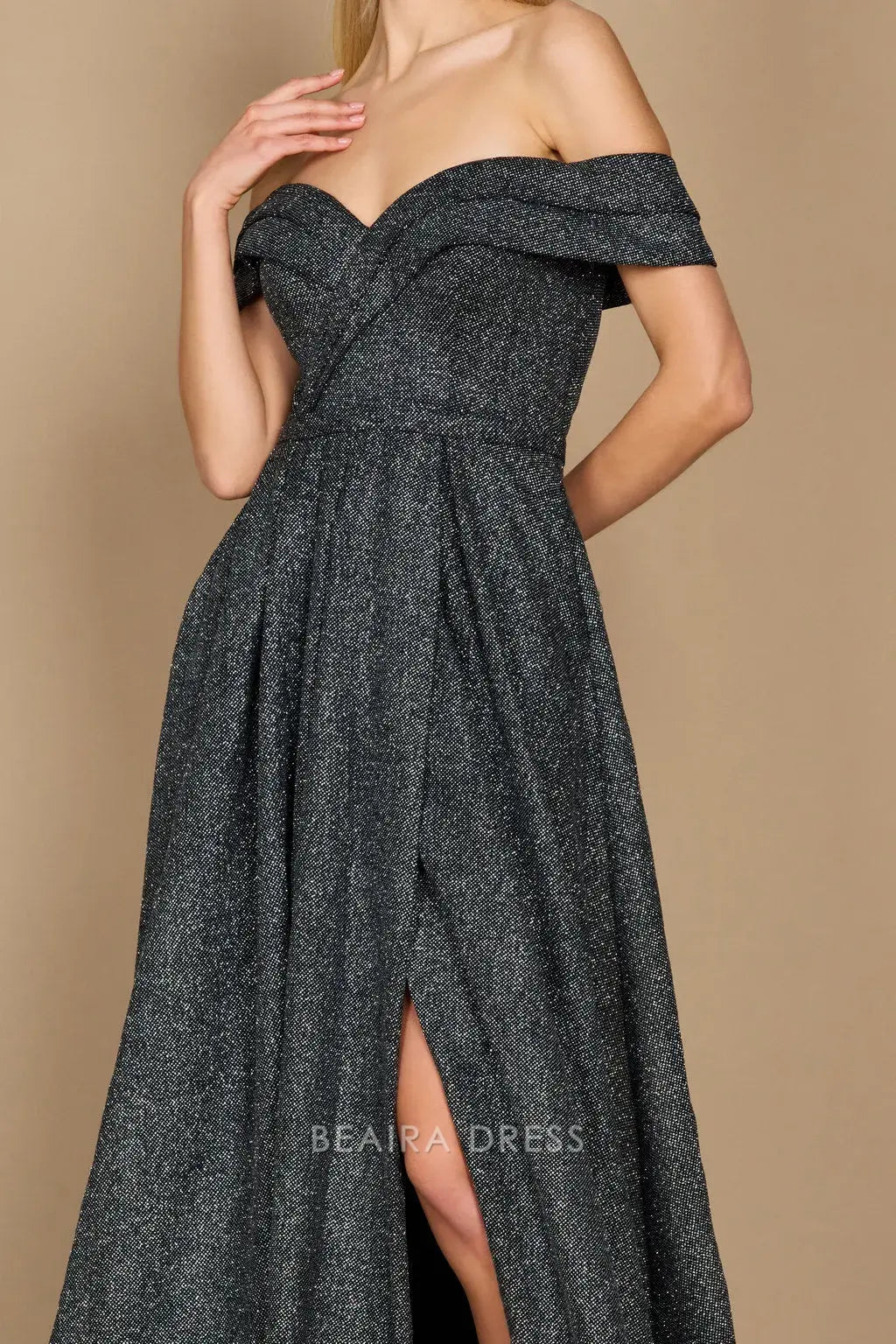 Simple Off Shoulder Glitter Formal Maxi Dress with Side Slit prom dress