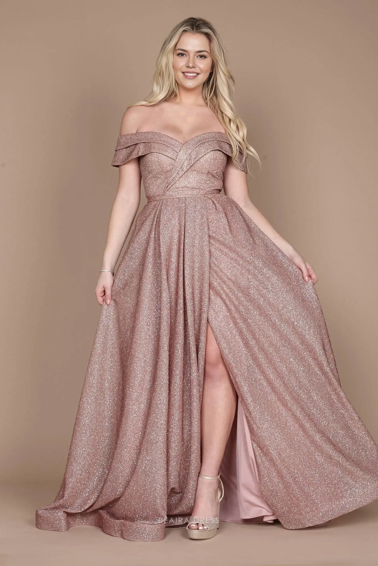 Simple Plus Size Off Shoulder Glitter Formal Maxi Dress with Side Slit prom dress