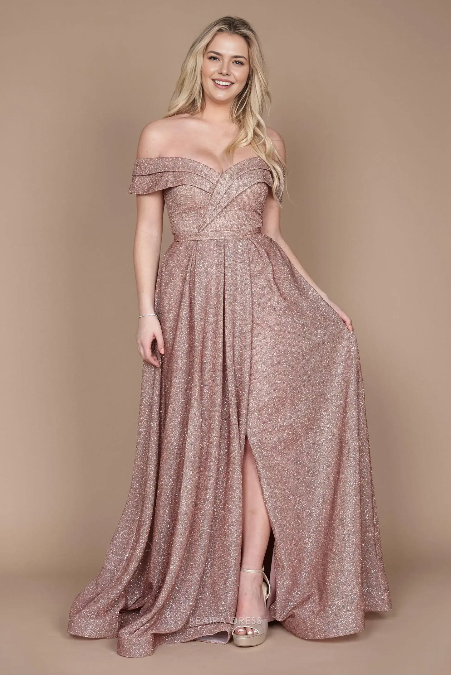 Simple Plus Size Off Shoulder Glitter Formal Maxi Dress with Side Slit prom dress