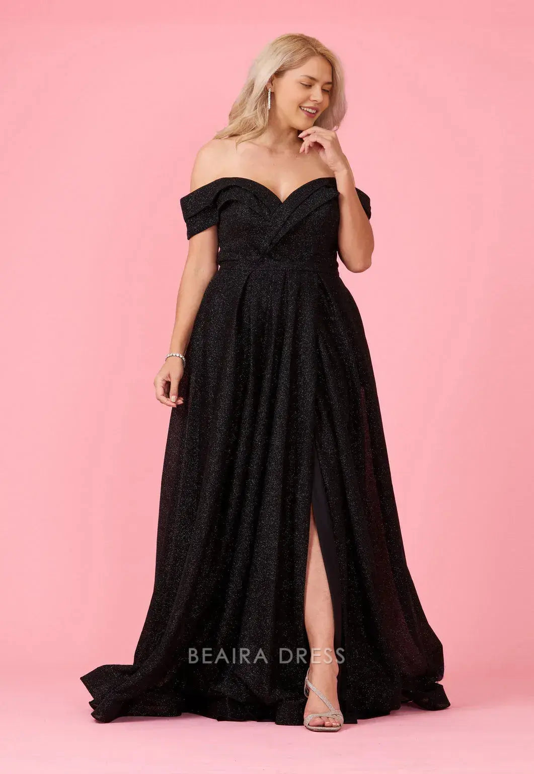 Simple Plus Size Off Shoulder Glitter Formal Maxi Dress with Side Slit prom dress