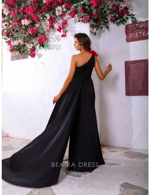 Simple One - Shoulder Floral Accent Evening Gown with High Slit Prom Dress