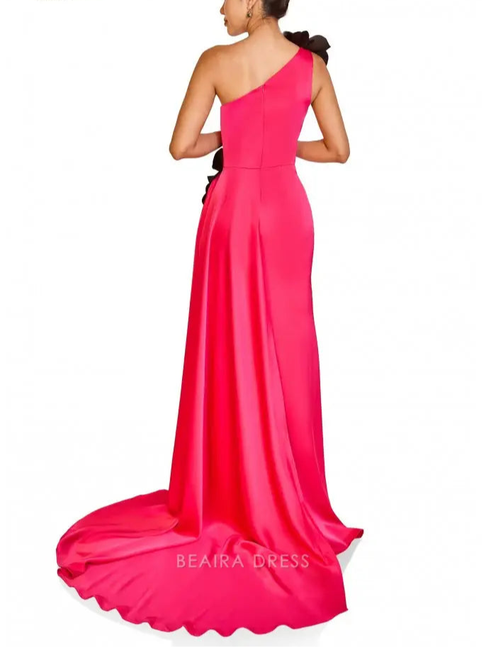 Simple One - Shoulder Floral Accent Evening Gown with High Slit Prom Dress