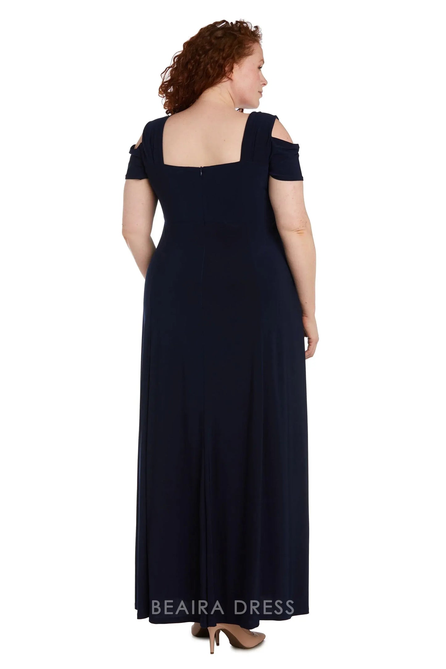 Simple Plus Size Cold - Shoulder Evening Gown with Rhinestone Detail and Slit Prom Dress