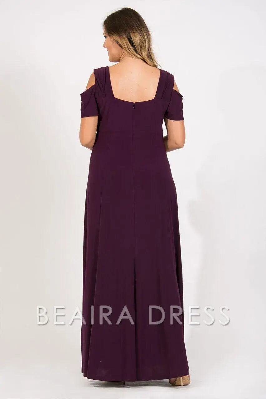 Simple Plus Size Cold - Shoulder Evening Gown with Rhinestone Detail and Slit Prom Dress