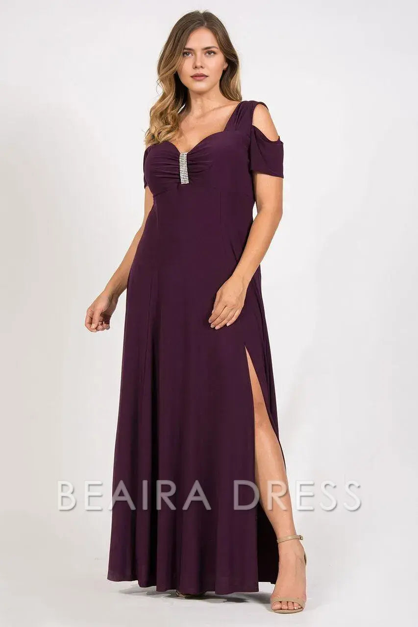 Simple Plus Size Cold - Shoulder Evening Gown with Rhinestone Detail and Slit Prom Dress