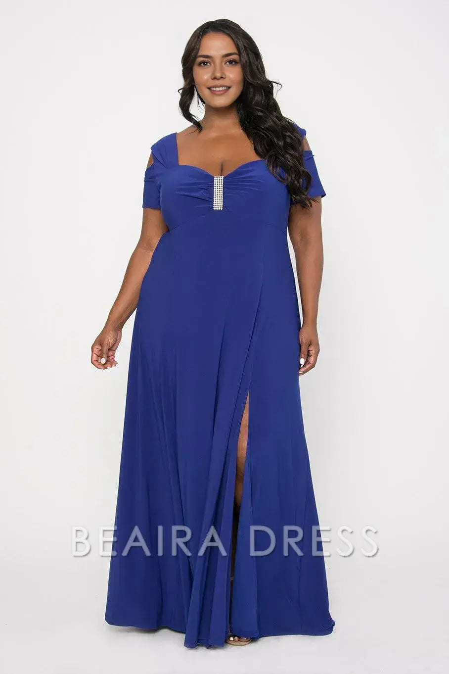 Simple Plus Size Cold - Shoulder Evening Gown with Rhinestone Detail and Slit Prom Dress