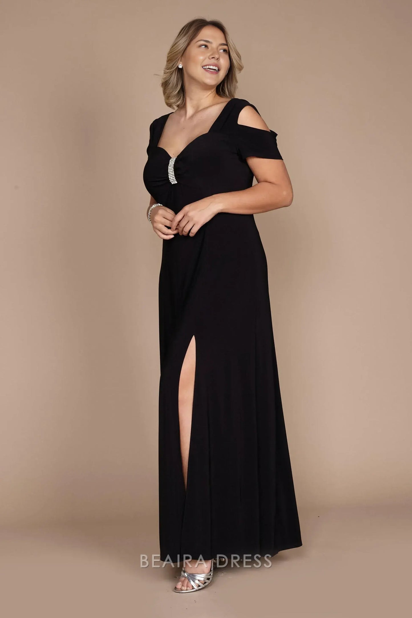 Simple Plus Size Cold - Shoulder Evening Gown with Rhinestone Detail and Slit Prom Dress