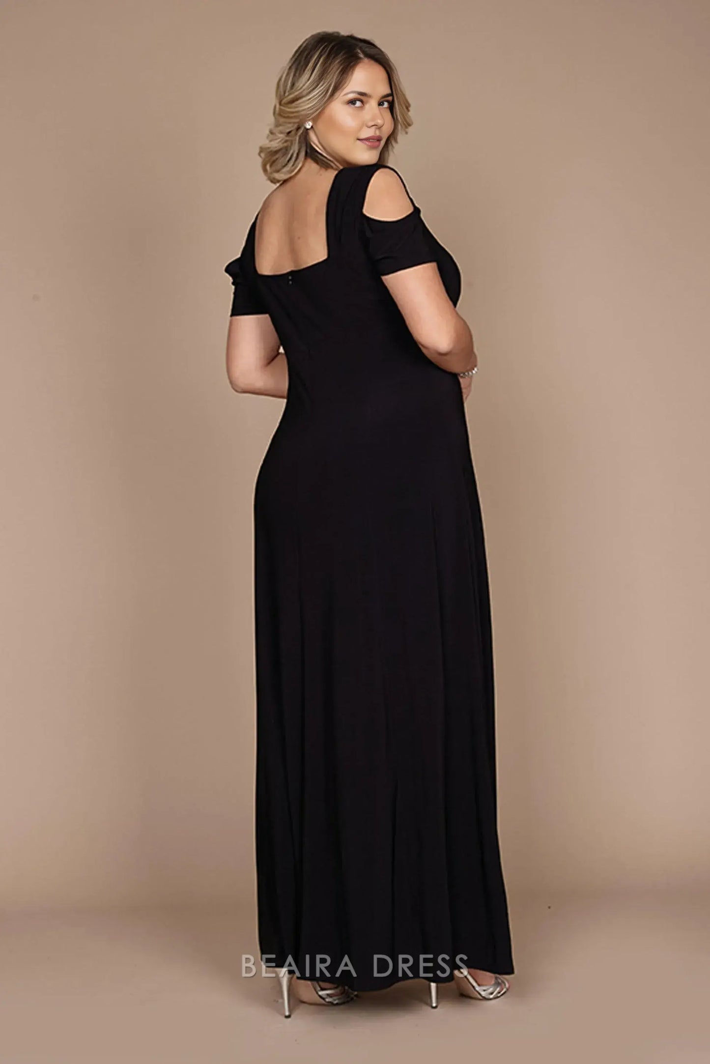 Simple Plus Size Cold - Shoulder Evening Gown with Rhinestone Detail and Slit Prom Dress