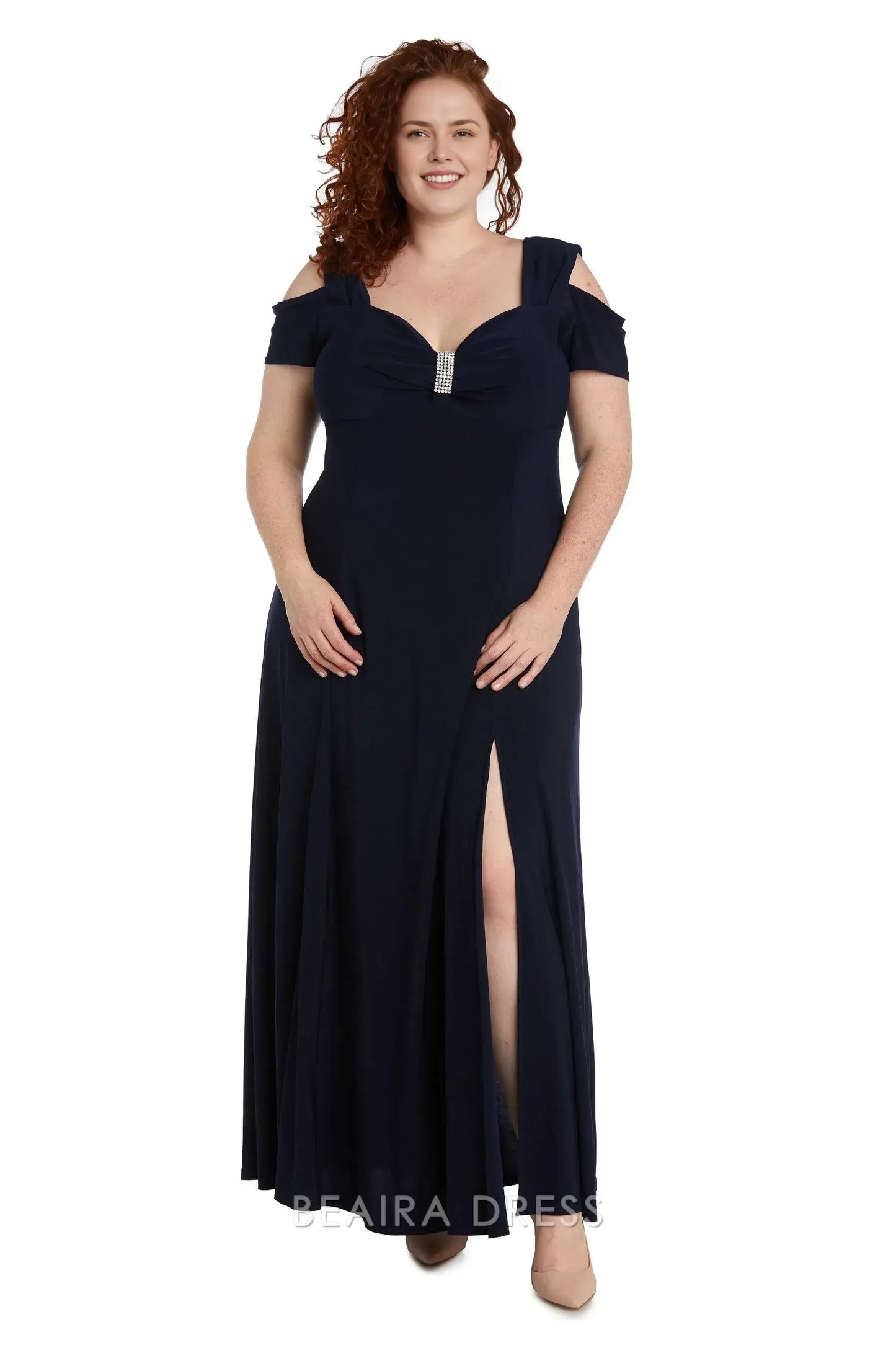 Simple Plus Size Cold - Shoulder Evening Gown with Rhinestone Detail and Slit Prom Dress