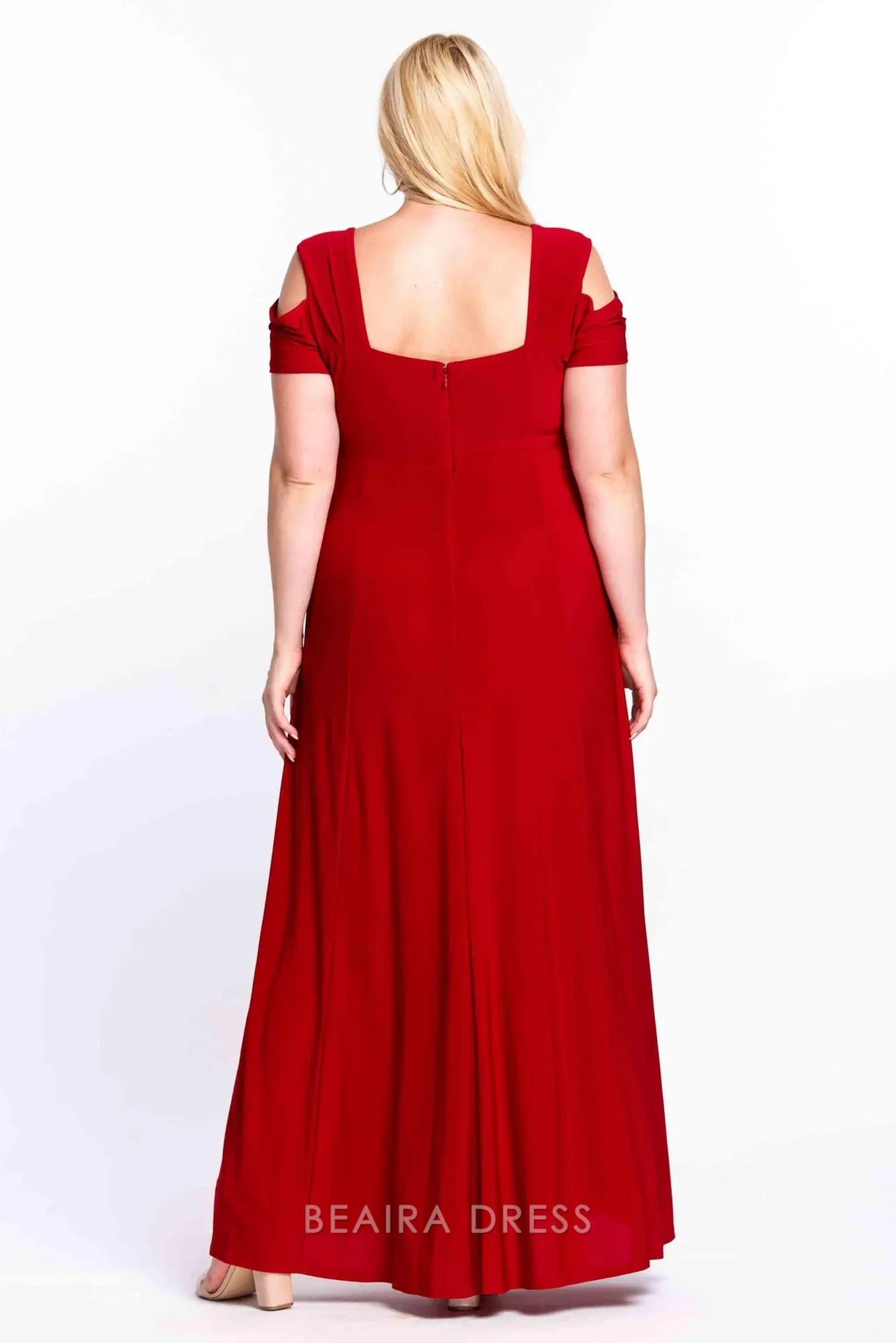 Simple Plus Size Cold - Shoulder Evening Gown with Rhinestone Detail and Slit Prom Dress