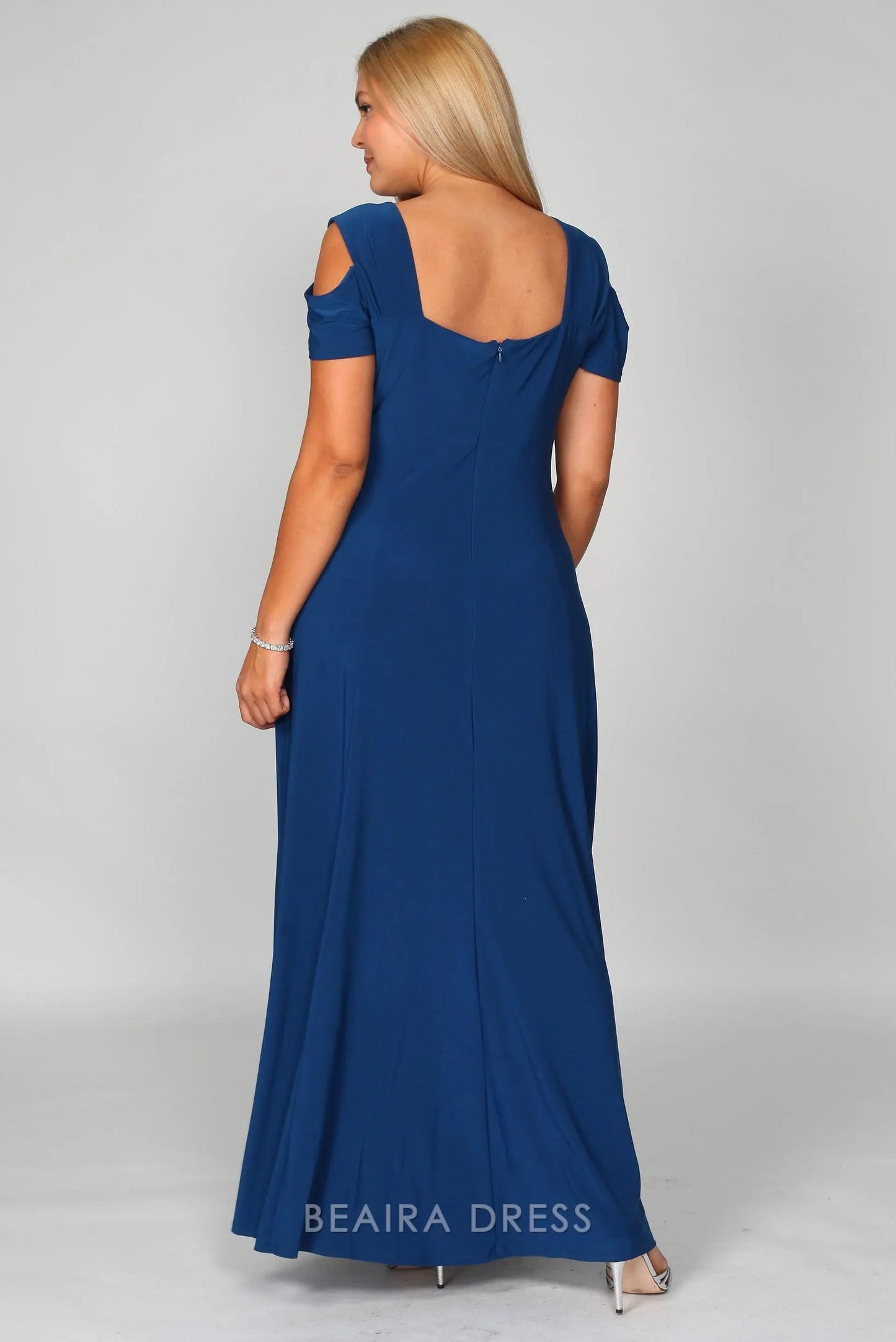 Simple Plus Size Cold - Shoulder Evening Gown with Rhinestone Detail and Slit Prom Dress