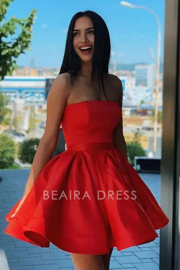 Beaira Simple Red Satin Strapless Short Formal Homecoming Dress formal wear dresses