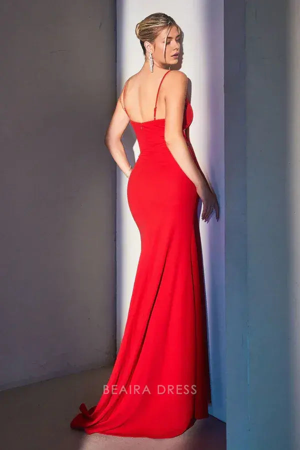 Simple Red Spaghetti Strap Cutout Fitted Sleeveless Back Zip Sweep/Brush Train Side Slit Prom Dress