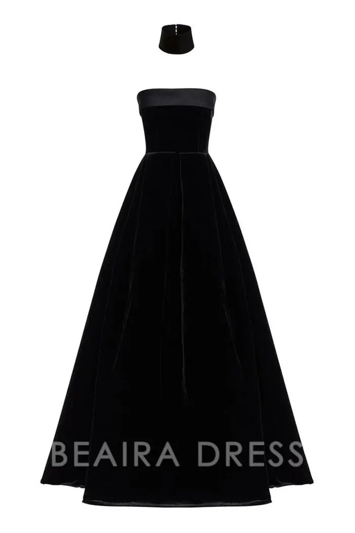 Beaira Simple Regal Choker Fold Over Strapless Fit & Flare Velvet Evening Maxi Dress