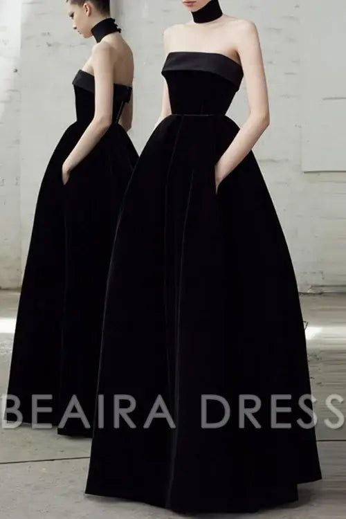 Beaira Simple Regal Choker Fold Over Strapless Fit & Flare Velvet Evening Maxi Dress