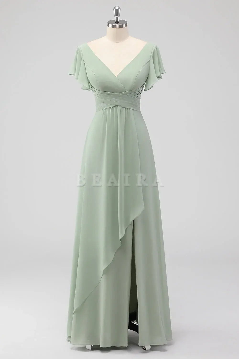 Beaira Simple Sage Green A-Line V-Neck Chiffon Long Bridesmaid Dress with Slit New Arrivals