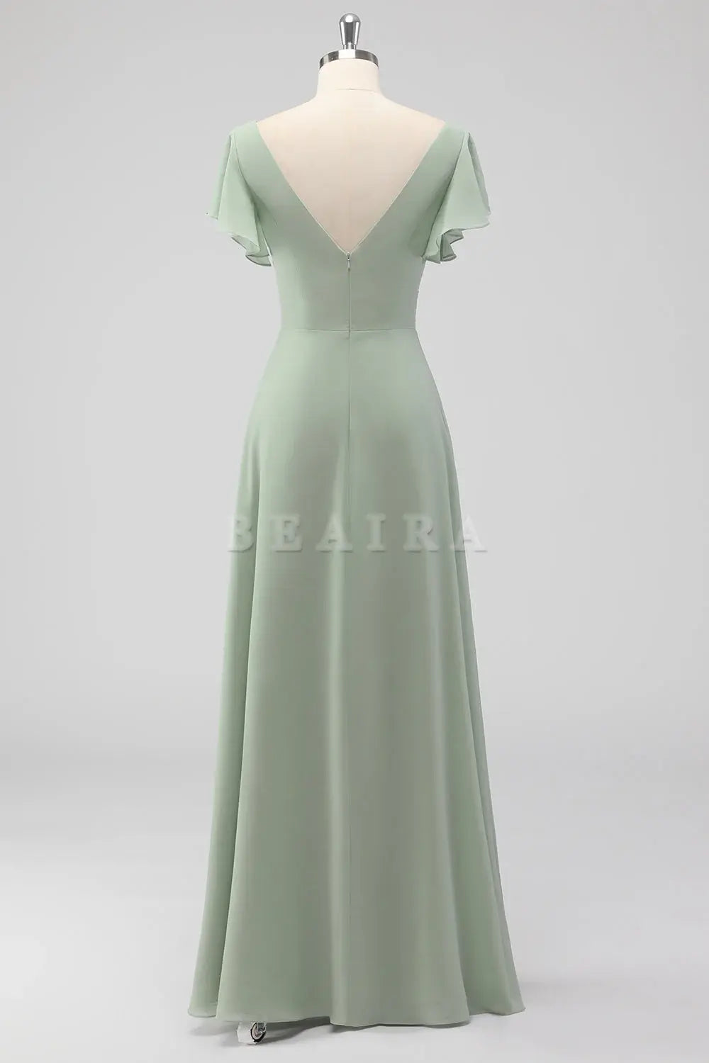 Beaira Simple Sage Green A-Line V-Neck Chiffon Long Bridesmaid Dress with Slit New Arrivals