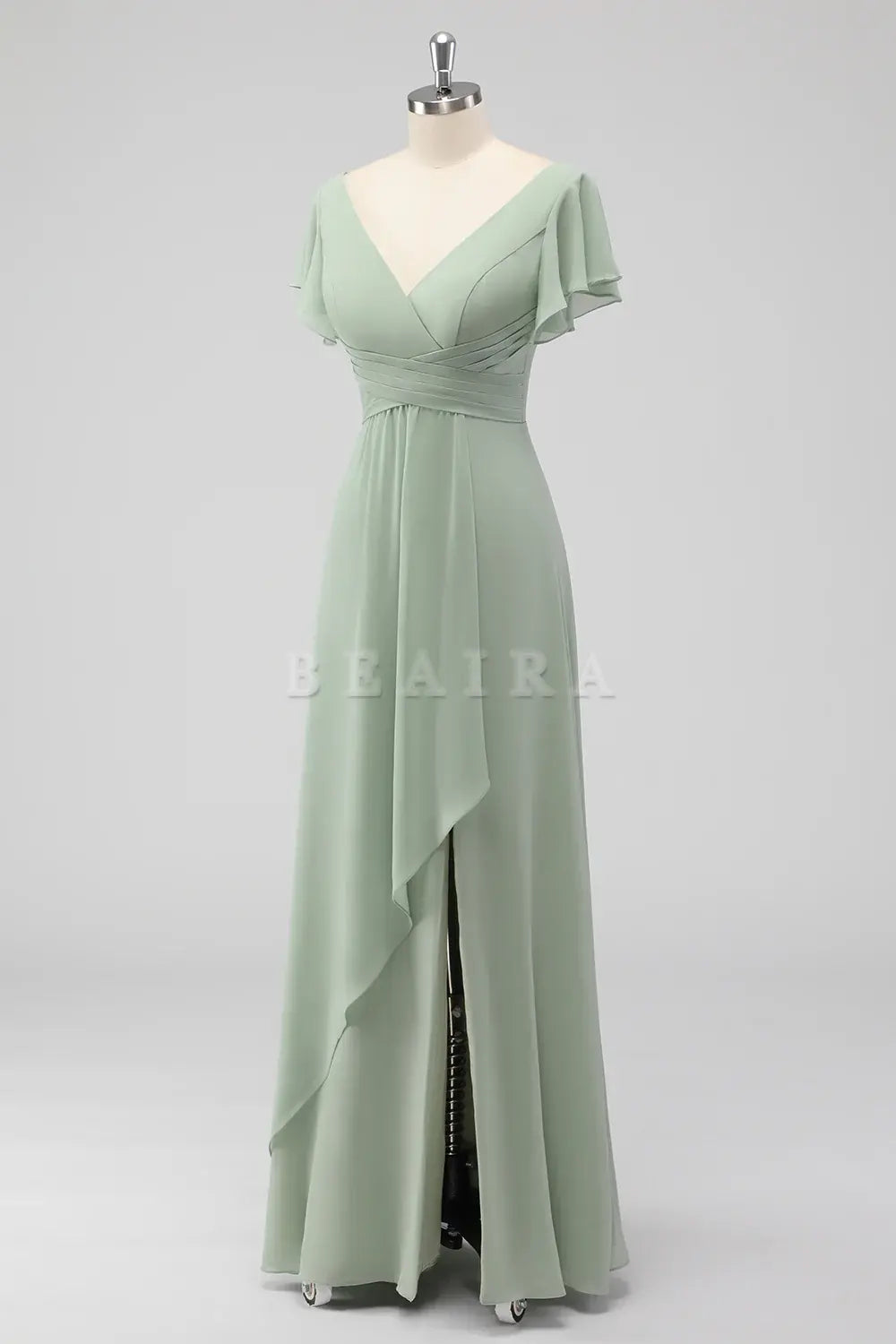 Beaira Simple Sage Green A-Line V-Neck Chiffon Long Bridesmaid Dress with Slit New Arrivals