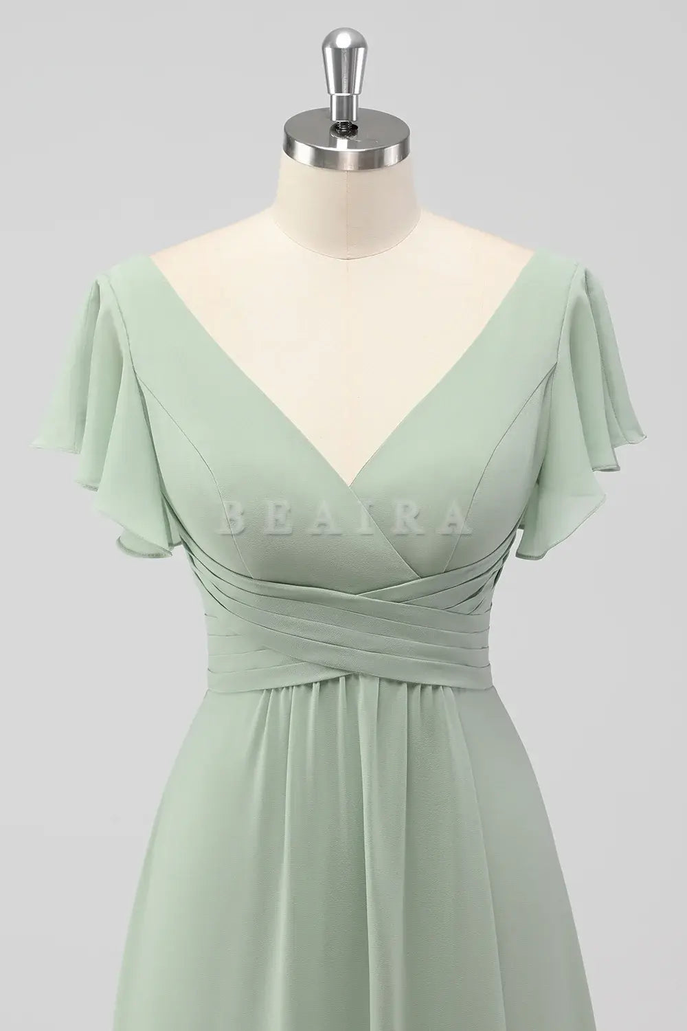 Beaira Simple Sage Green A-Line V-Neck Chiffon Long Bridesmaid Dress with Slit New Arrivals