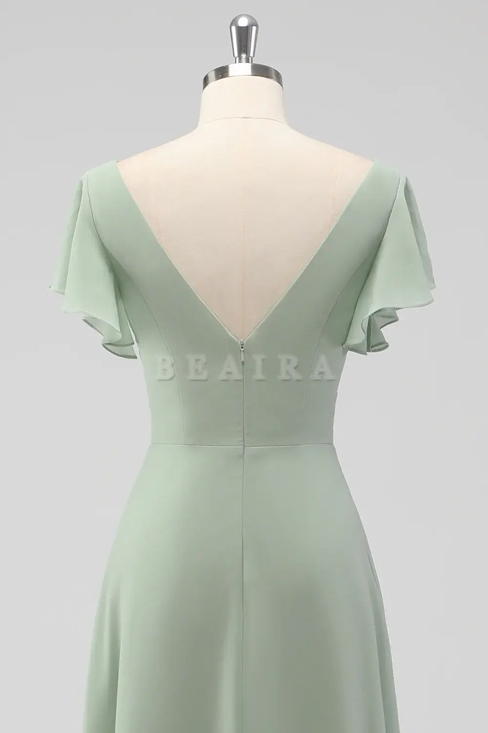 Beaira Simple Sage Green A-Line V-Neck Chiffon Long Bridesmaid Dress with Slit New Arrivals