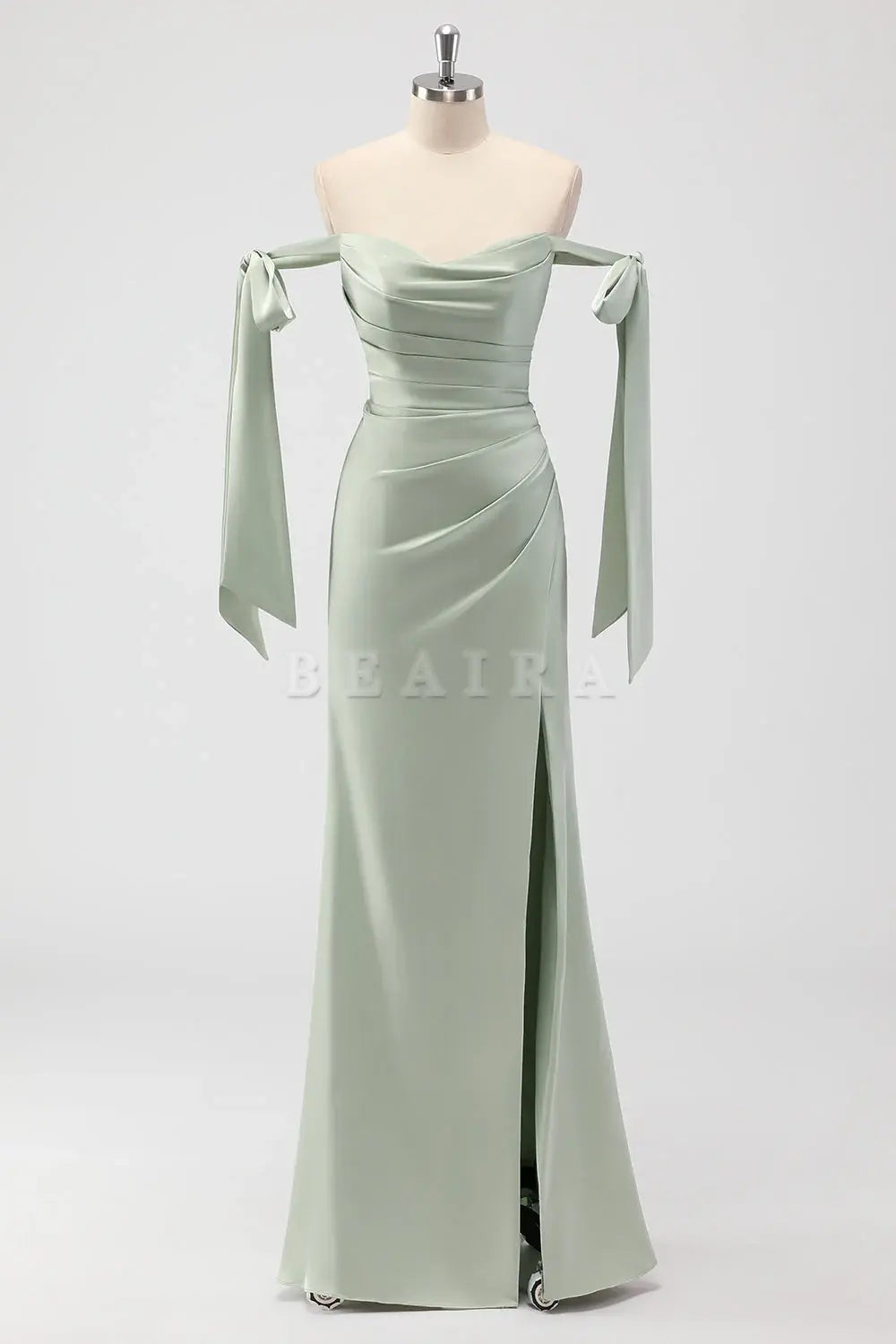 Beaira Simple Sage Green Mermaid Off The Shoulder Ruched Long Bridesmaid Dress with Slit New Arrivals