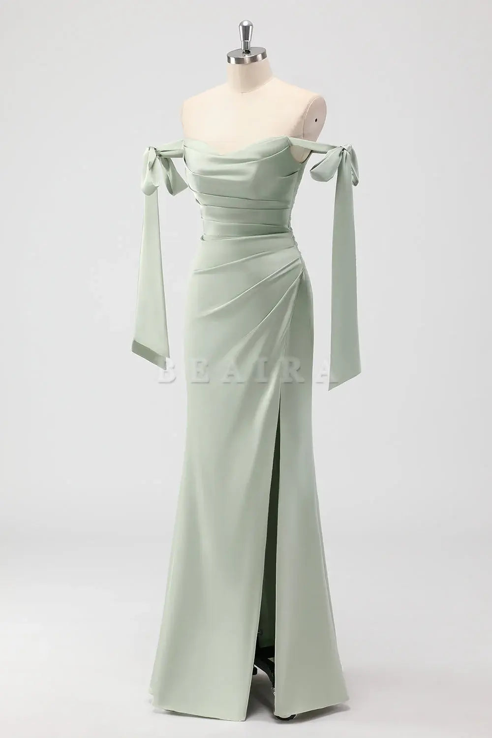 Beaira Simple Sage Green Mermaid Off The Shoulder Ruched Long Bridesmaid Dress with Slit New Arrivals