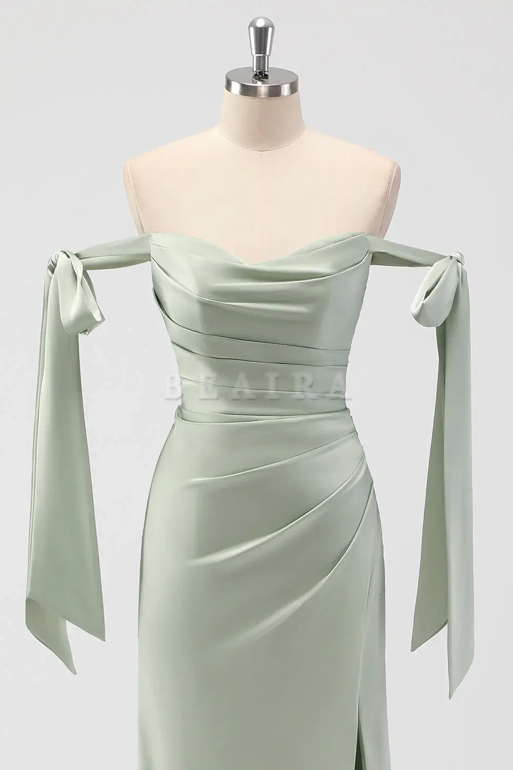 Beaira Simple Sage Green Mermaid Off The Shoulder Ruched Long Bridesmaid Dress with Slit New Arrivals