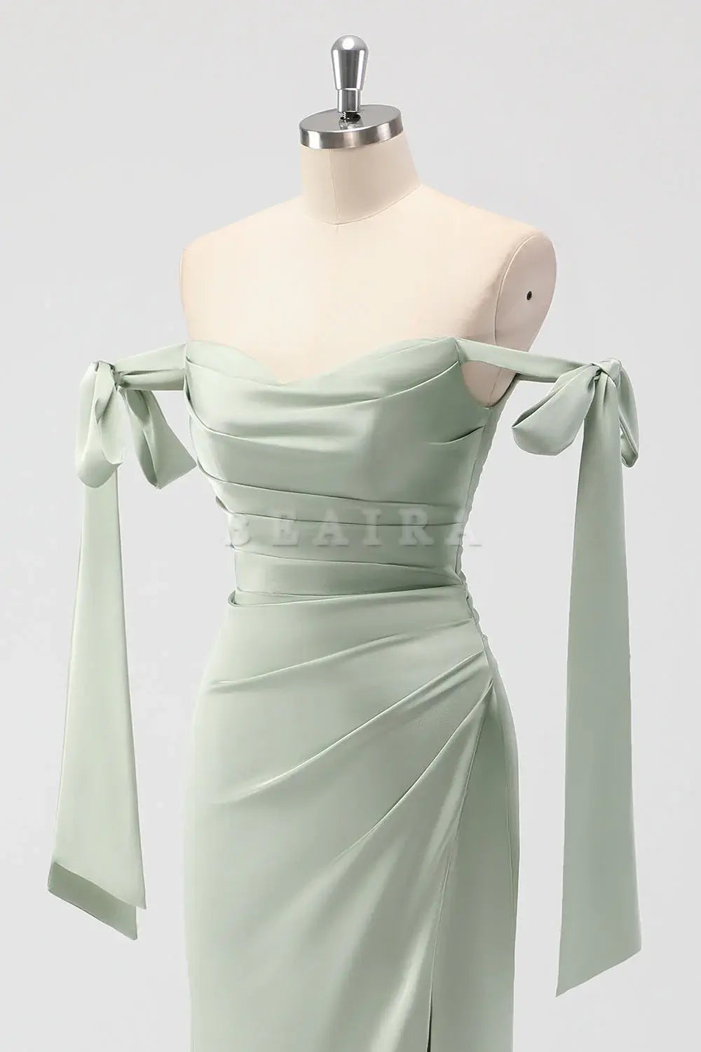 Beaira Simple Sage Green Mermaid Off The Shoulder Ruched Long Bridesmaid Dress with Slit New Arrivals