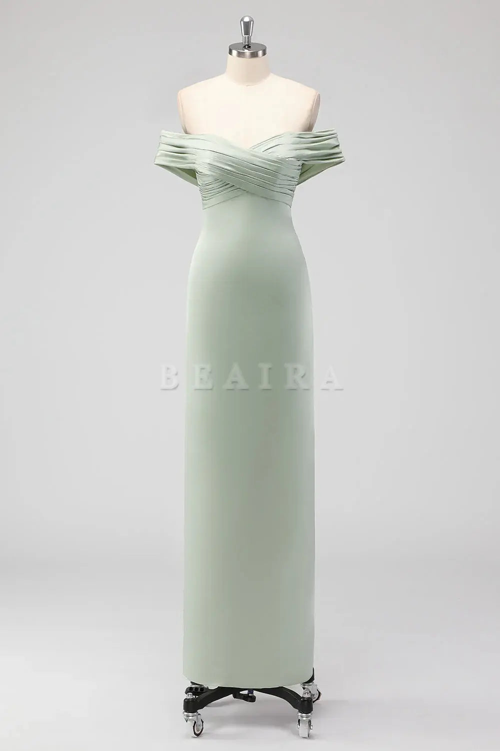 Beaira Simple Sage Green Sheath Off the Shoulder Ruched Satin Long Bridesmaid Dress New Arrivals