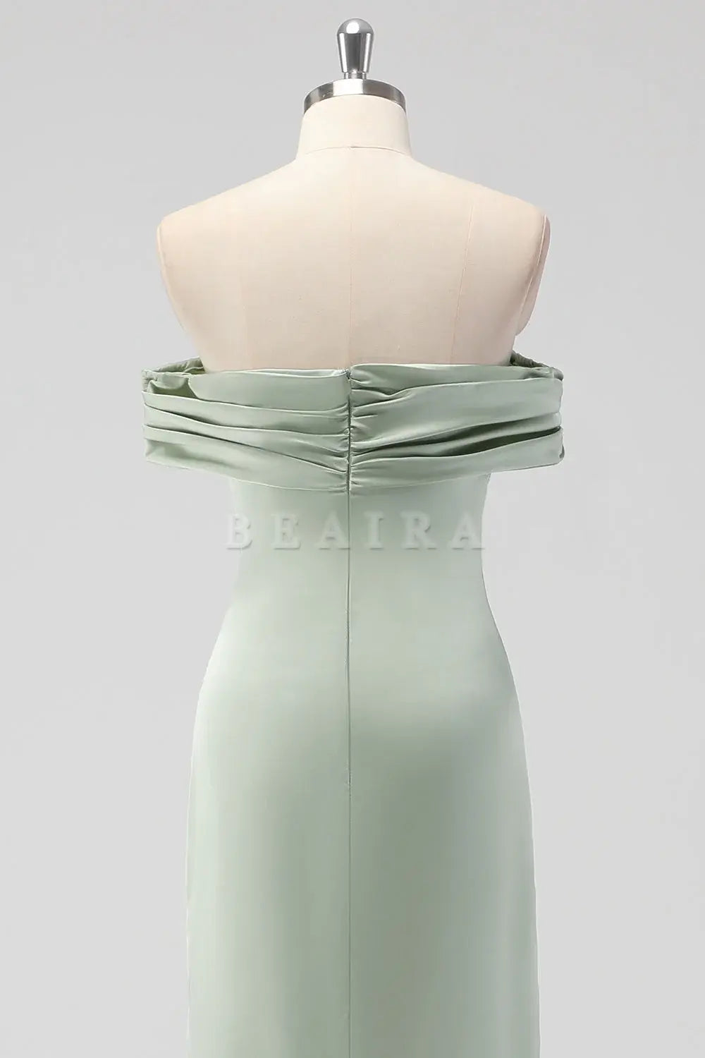 Beaira Simple Sage Green Sheath Off the Shoulder Ruched Satin Long Bridesmaid Dress New Arrivals