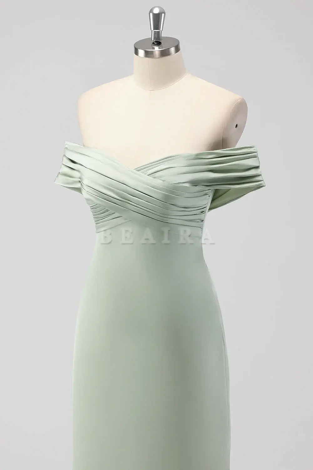 Beaira Simple Sage Green Sheath Off the Shoulder Ruched Satin Long Bridesmaid Dress New Arrivals