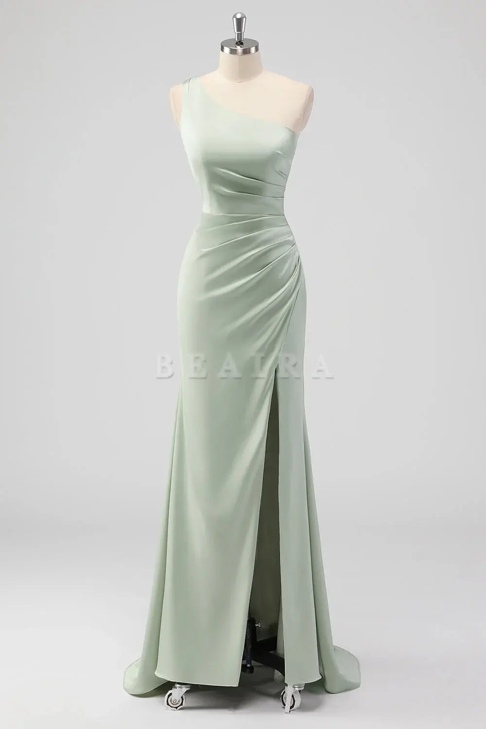 Beaira Simple Sage Green Sheath One Shoulder Satin Long Bridesmaid Dress with Slit New Arrivals