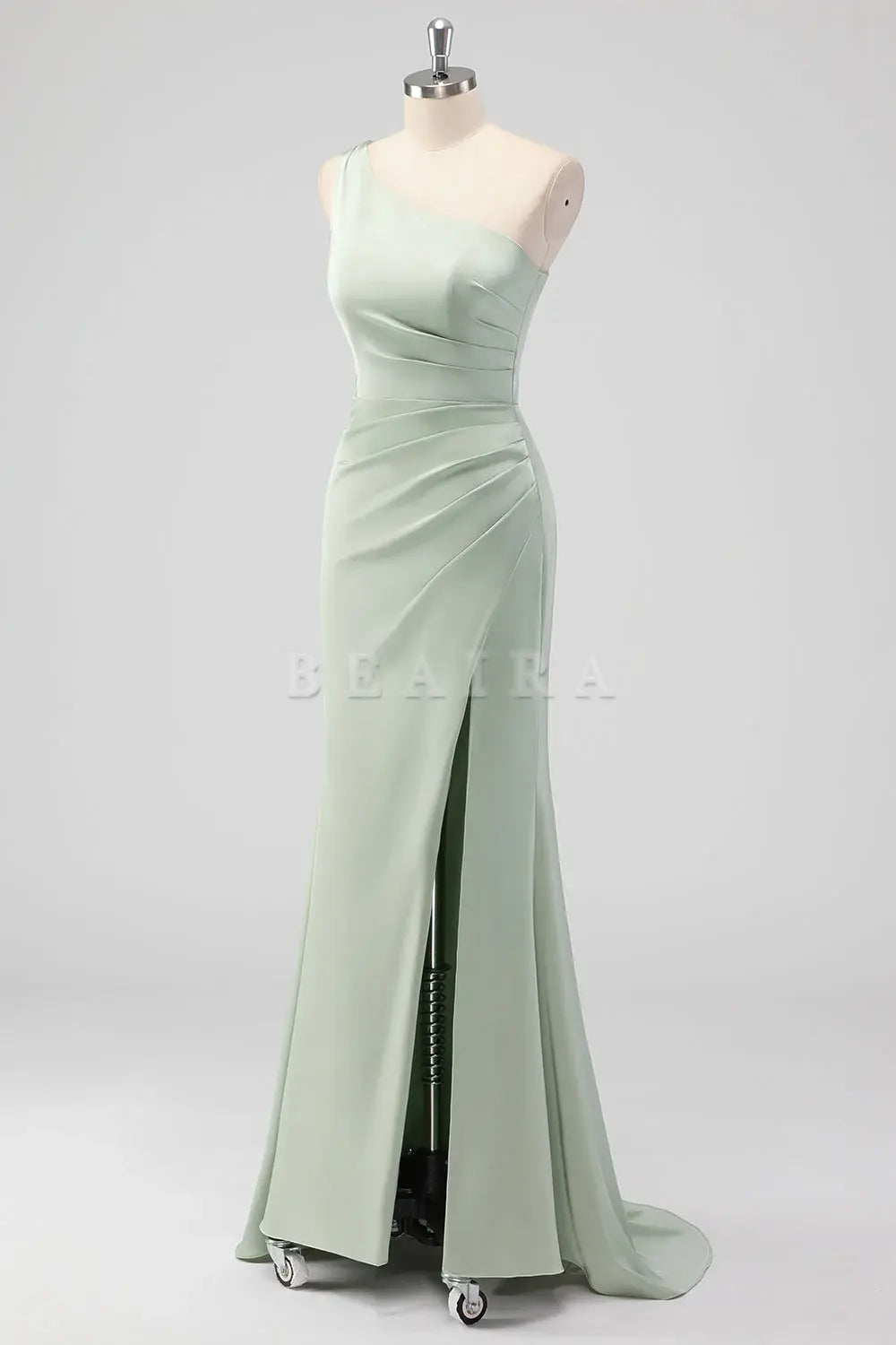 Beaira Simple Sage Green Sheath One Shoulder Satin Long Bridesmaid Dress with Slit New Arrivals
