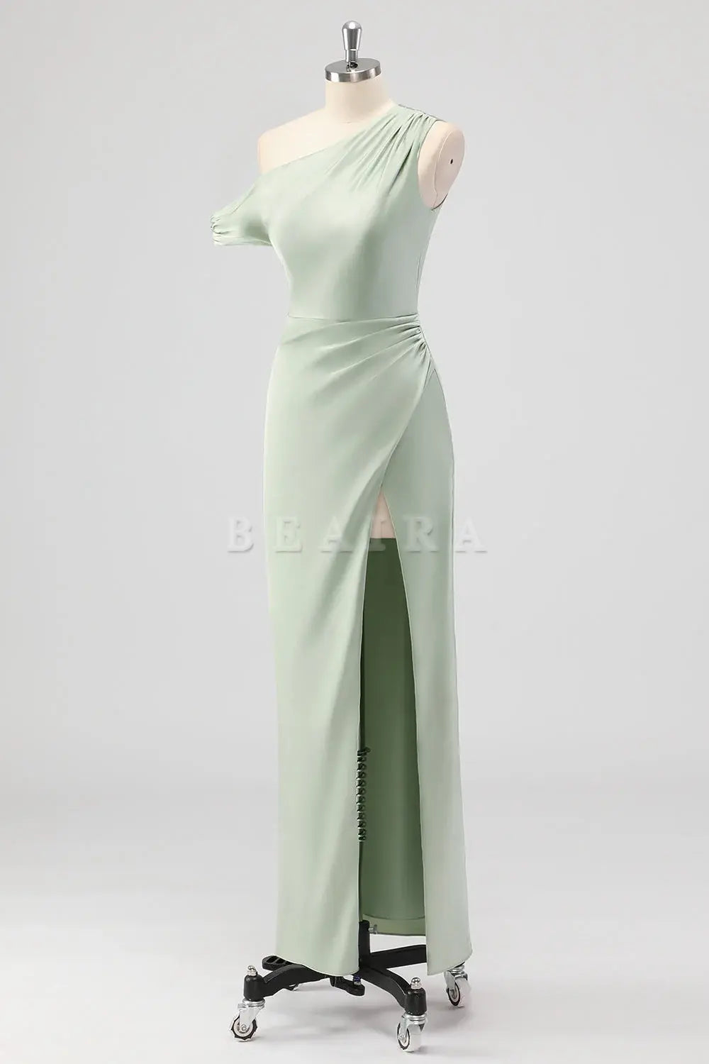 Beaira Simple Sage Green Sheath One Shoulder Satin Ruched Long Bridesmaid Dress with Slit New Arrivals