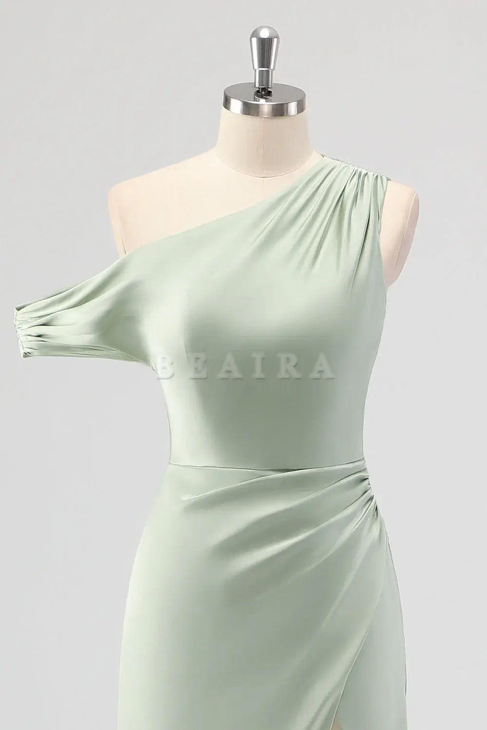 Beaira Simple Sage Green Sheath One Shoulder Satin Ruched Long Bridesmaid Dress with Slit New Arrivals