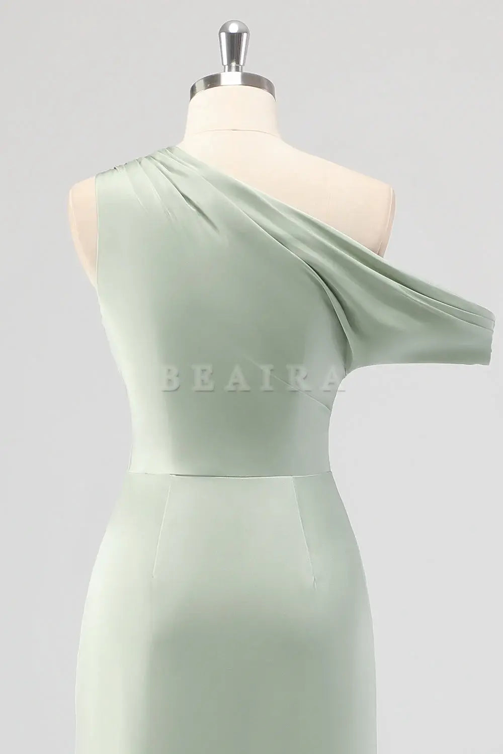 Beaira Simple Sage Green Sheath One Shoulder Satin Ruched Long Bridesmaid Dress with Slit New Arrivals