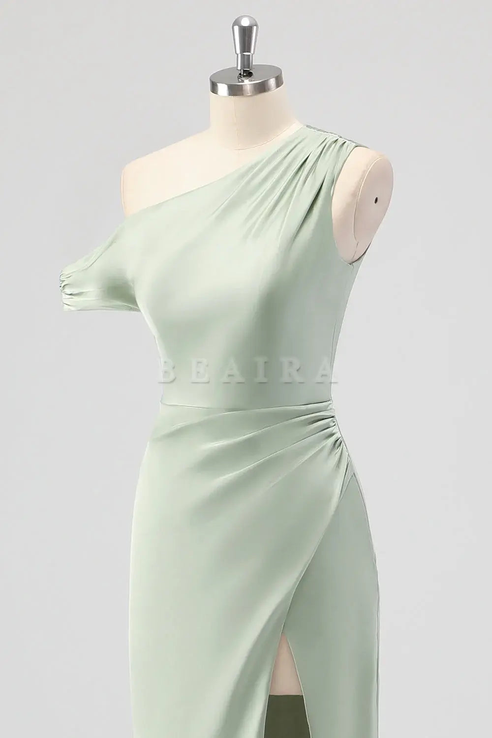 Beaira Simple Sage Green Sheath One Shoulder Satin Ruched Long Bridesmaid Dress with Slit New Arrivals