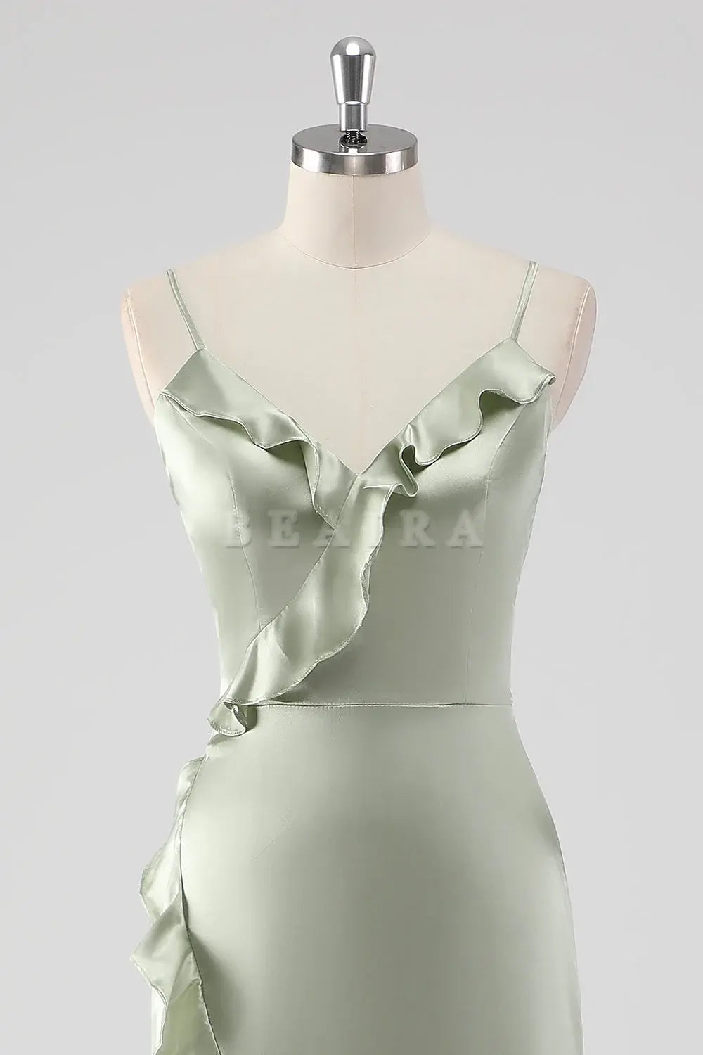 Beaira Simple Sage Long Satin V Neck Ruffled Sheath Bridesmaid Dress New Arrivals