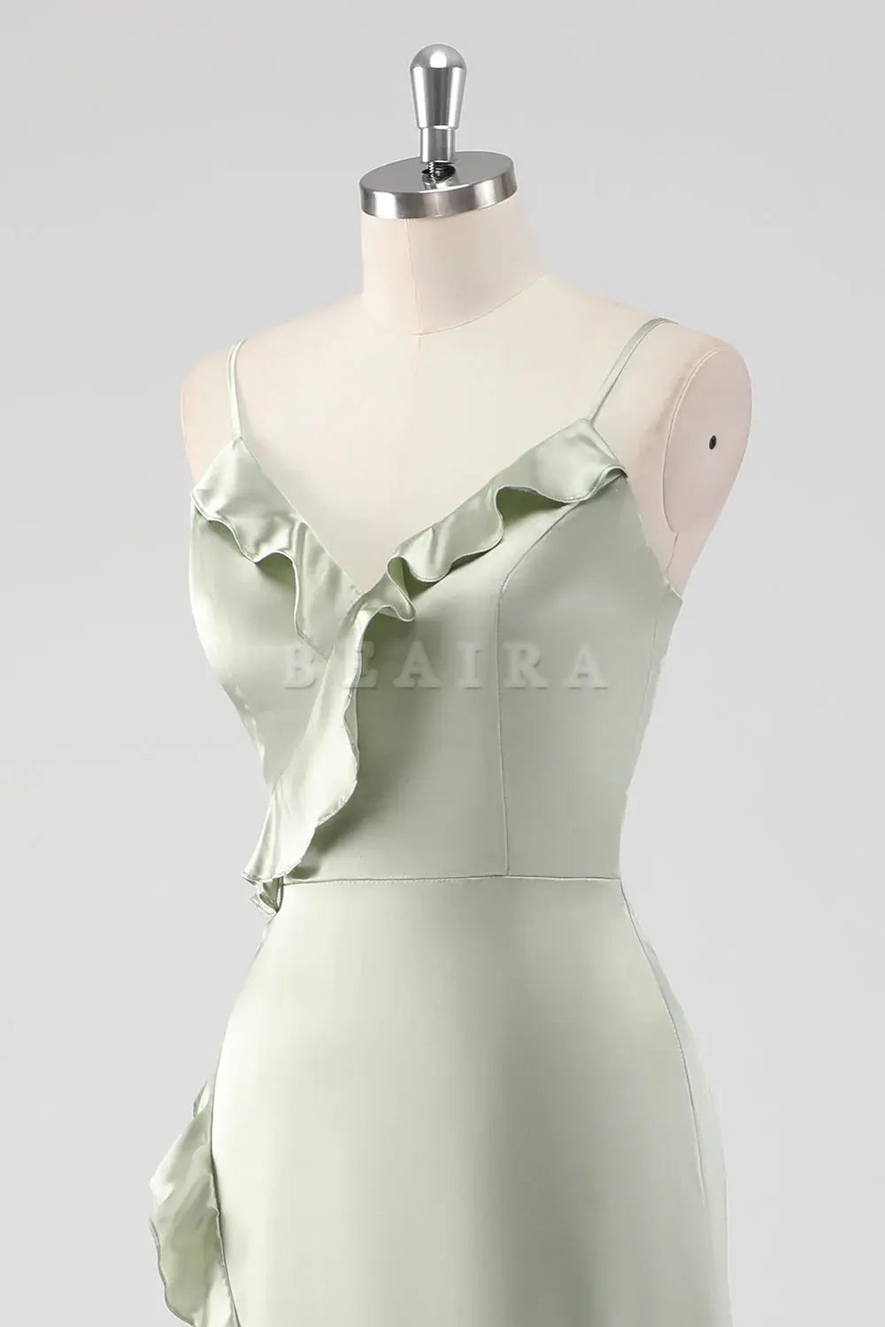 Beaira Simple Sage Long Satin V Neck Ruffled Sheath Bridesmaid Dress New Arrivals