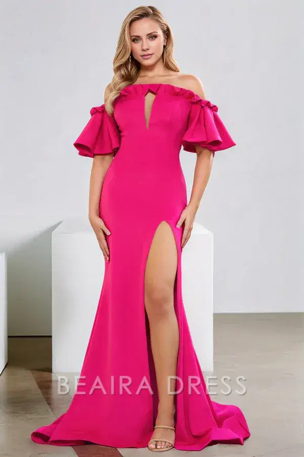 Beaira Simple Sheath Off Shoulder Ruffles Back Zipper Pleated Floor Length Prom Dress with High Side Slit and Train