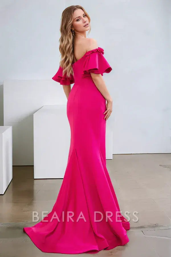 Beaira Simple Sheath Off Shoulder Ruffles Back Zipper Pleated Floor Length Prom Dress with High Side Slit and Train