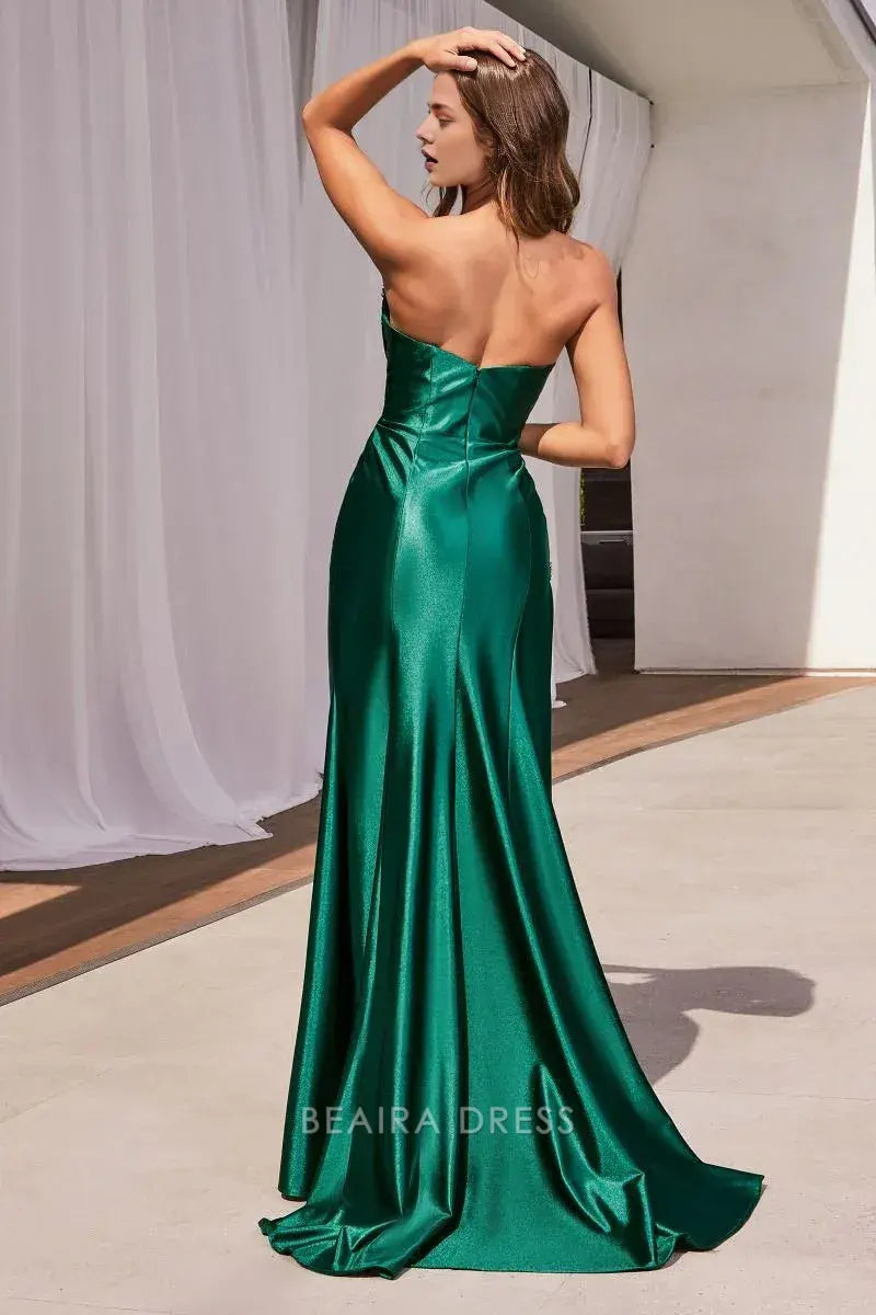 Simple Strapless Emerald Green High Slit Satin Prom Dress prom dress