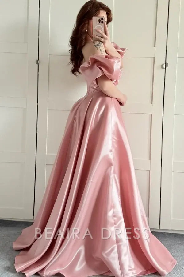 Beaira Simple & Casual A-Line Strapless Detachable Puffy Sleeves Prom Party Dress Floor Length Formal Evening Gown