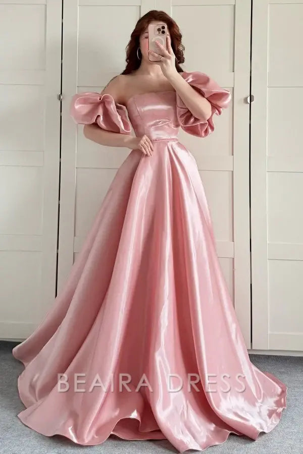 Beaira Simple & Casual A-Line Strapless Detachable Puffy Sleeves Prom Party Dress Floor Length Formal Evening Gown