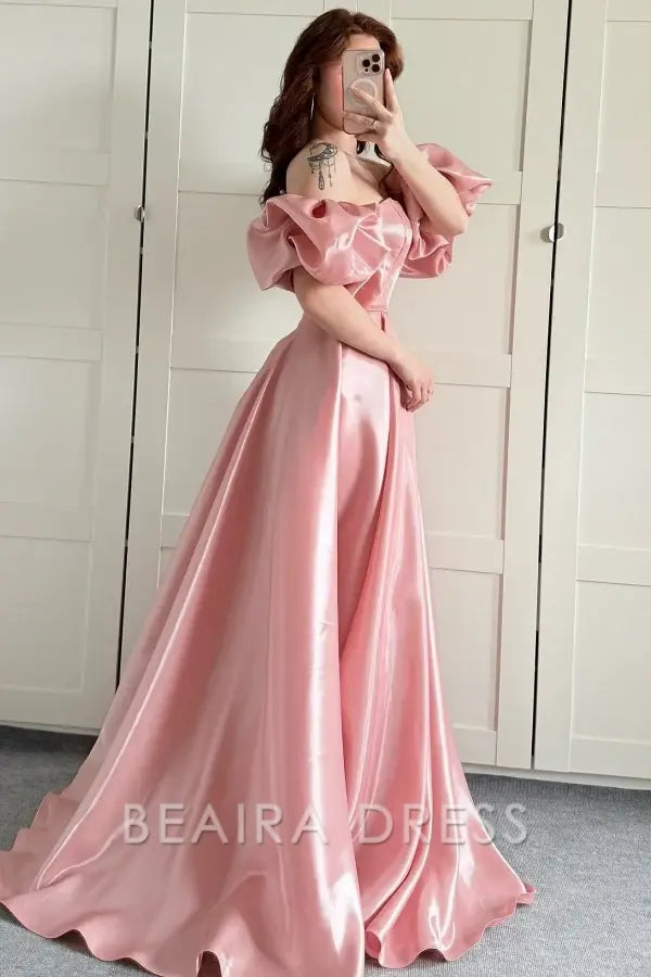 Beaira Simple & Casual A-Line Strapless Detachable Puffy Sleeves Prom Party Dress Floor Length Formal Evening Gown