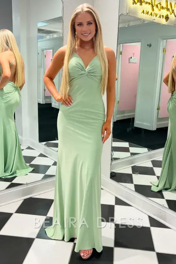 Beaira Simple & Casual Mermaid V Neck Spaghetti Straps Sleeveless Pleated Open Back Prom Party Dress Cocktail Dress