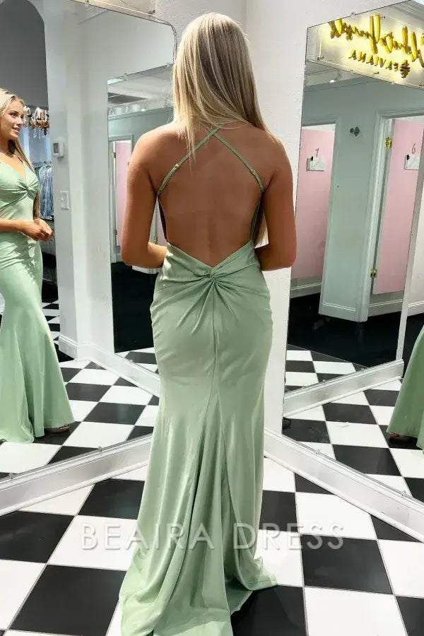 Beaira Simple & Casual Mermaid V Neck Spaghetti Straps Sleeveless Pleated Open Back Prom Party Dress Cocktail Dress